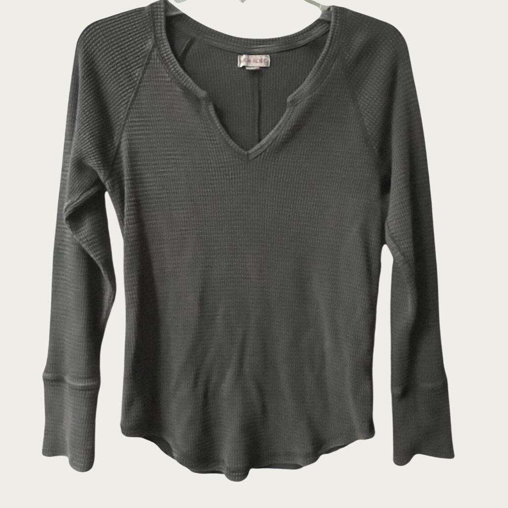 Knox Rose Womens Small Charcoal Waffle Knit Thermal Notch Neck Long Sleeve Top